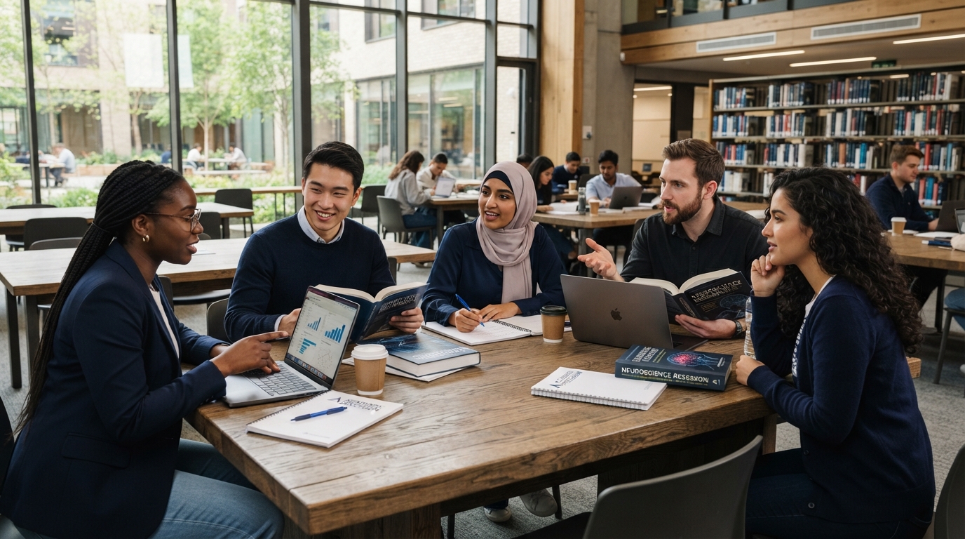Graduate students and researchers collaborating in a modern university library